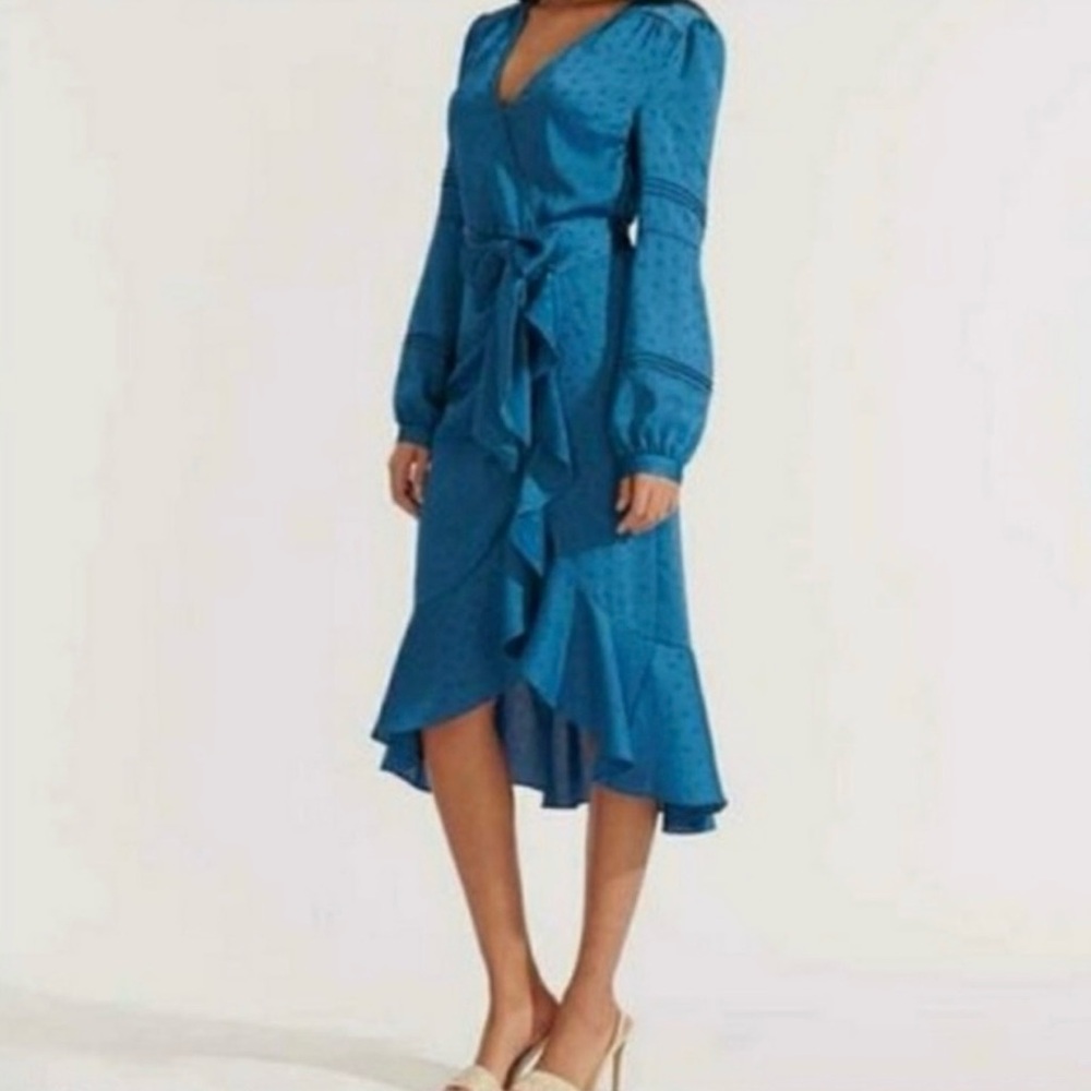 Veronica Beard Miriam midi silky dress in cerulean with ruffle details Size 12